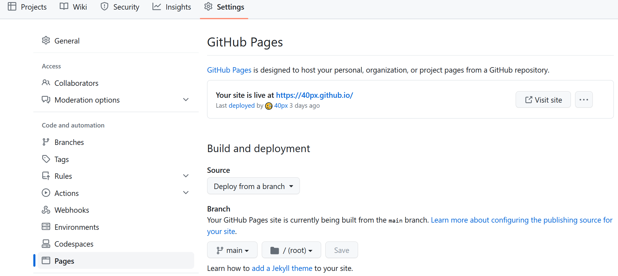 Screenshot showing Github Pages settings